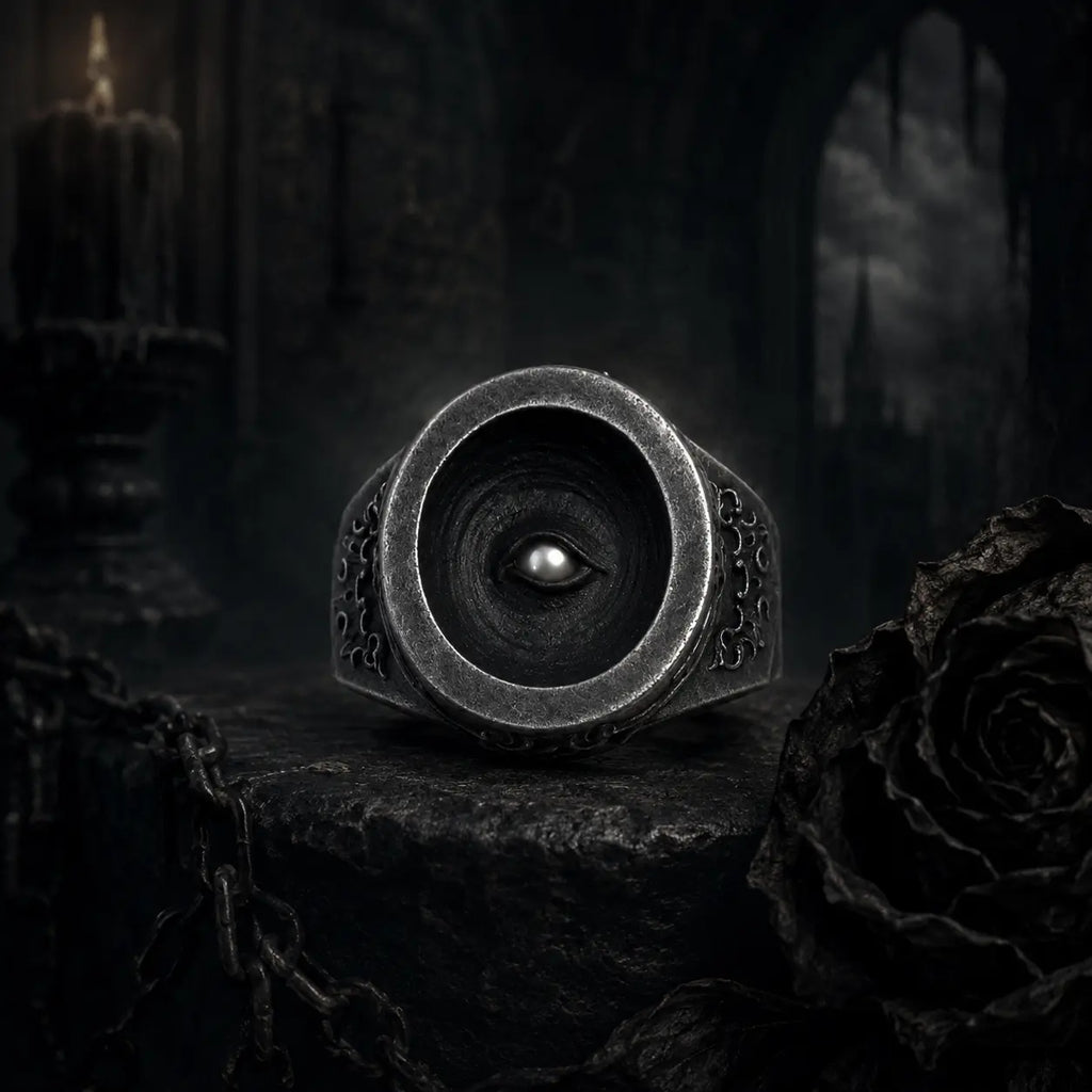 Cyclops Ring — an all-seeing eye signet in oxidized 925 sterling silver, domed pupil in a weathered bowl, gothic setting