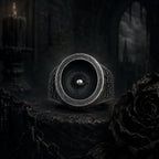 Cyclops Ring — an all-seeing eye signet in oxidized 925 sterling silver, domed pupil in a weathered bowl, gothic setting