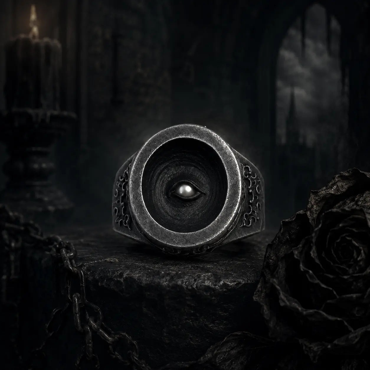Cyclops Ring — an all-seeing eye signet in oxidized 925 sterling silver, domed pupil in a weathered bowl, gothic setting