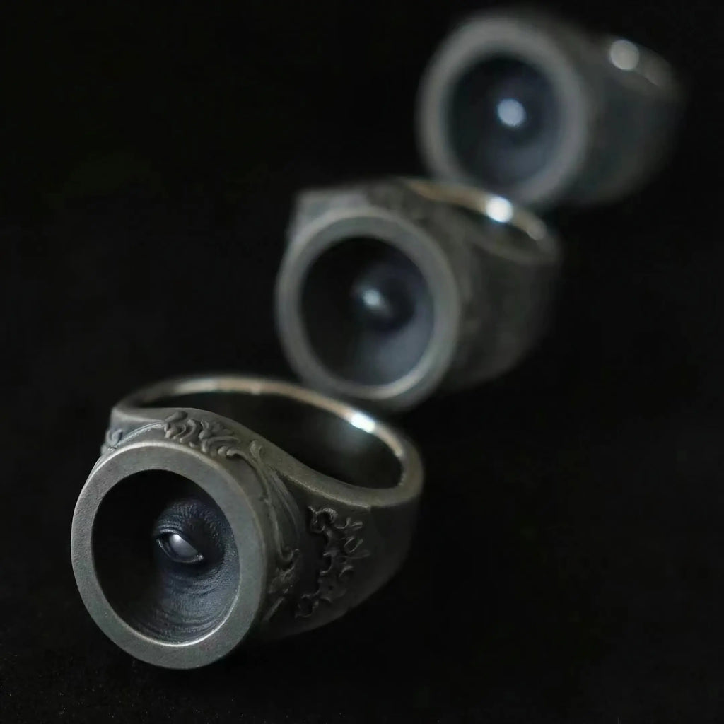 Cyclops eye ring detail, oxidized sterling silver with baroque relief shoulders