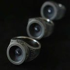 Cyclops eye ring detail, oxidized sterling silver with baroque relief shoulders