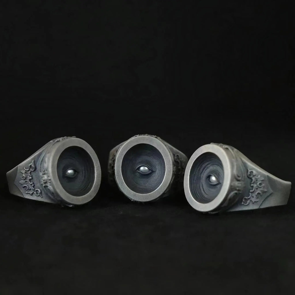 Cyclops all-seeing eye signet ring, hand-finished oxidized sterling silver, angled view