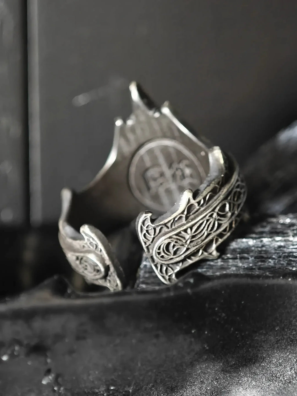 Relic Prophecy rune ring detail, tall shield band with layered tracery in oxidized sterling silver