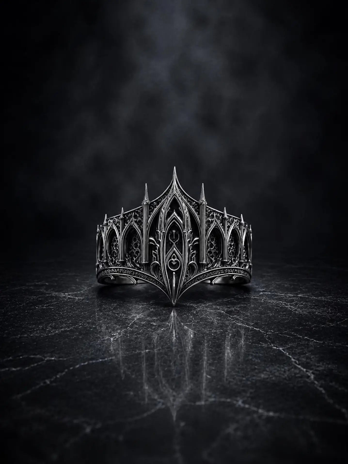 Gothic 925 sterling silver cathedral spire crown ring — architectural crown with lancet arches front view