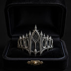 Gothic cathedral crown ring in black velvet jewelry box — sterling silver spires and arch detail