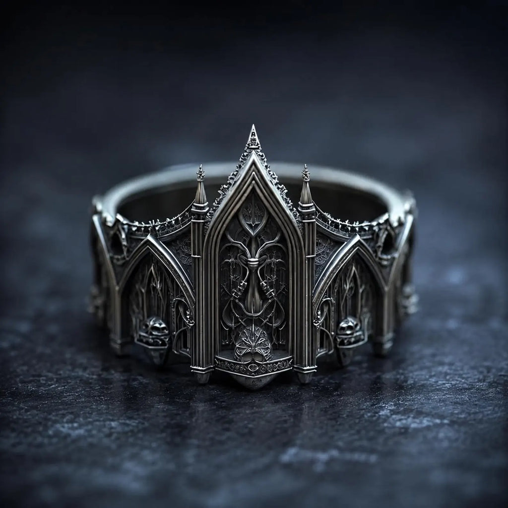 Cathedral spire tiara ring — symmetrical pointed arches and layered window tracery in sterling silver