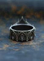 Gothic tiara ring back view — memento mori tracery details and chiaroscuro oxidized recesses in 925 silver