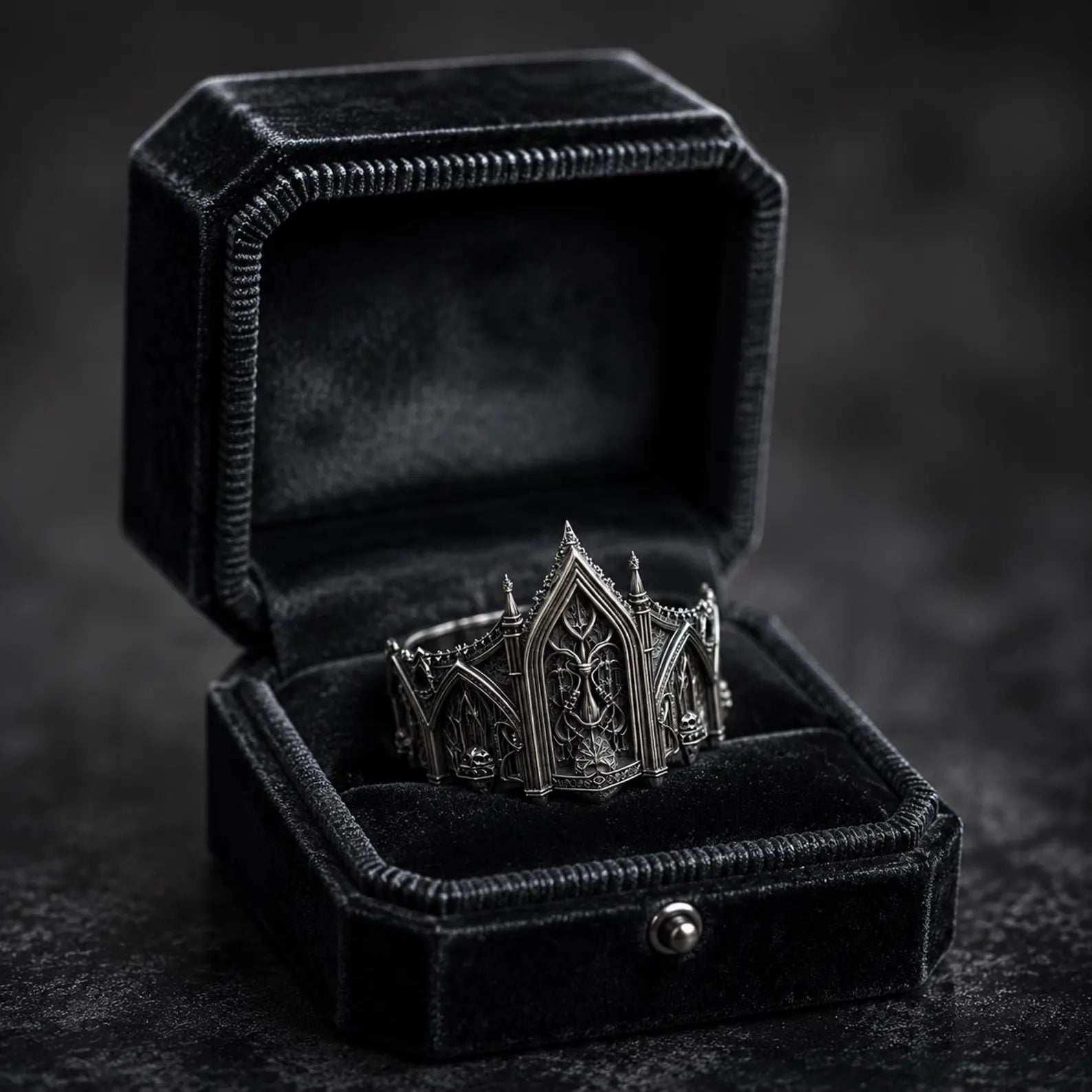 Gothic cathedral spire tiara ring — artisan hand-burnished silver ridges with museum-style chiaroscuro patina