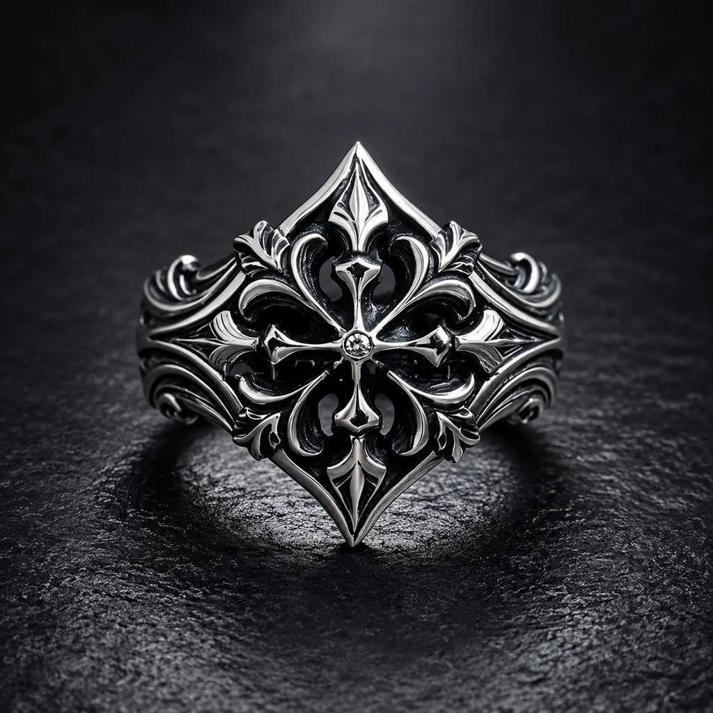 Gothic 925 sterling silver fleur-de-lis cross ring with moissanite — heraldic lozenge silhouette front view