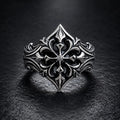 Gothic 925 sterling silver fleur-de-lis cross ring with moissanite — heraldic lozenge silhouette front view