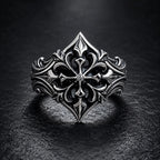 Gothic 925 sterling silver fleur-de-lis cross ring with moissanite — heraldic lozenge silhouette front view