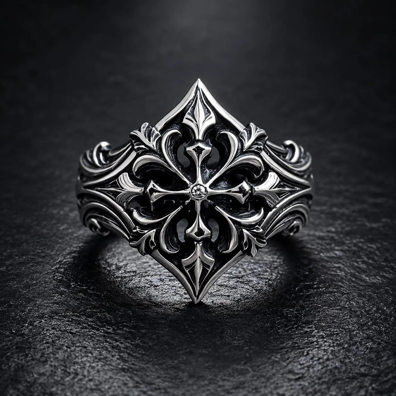 Gothic 925 sterling silver fleur-de-lis cross ring with moissanite — heraldic lozenge silhouette front view