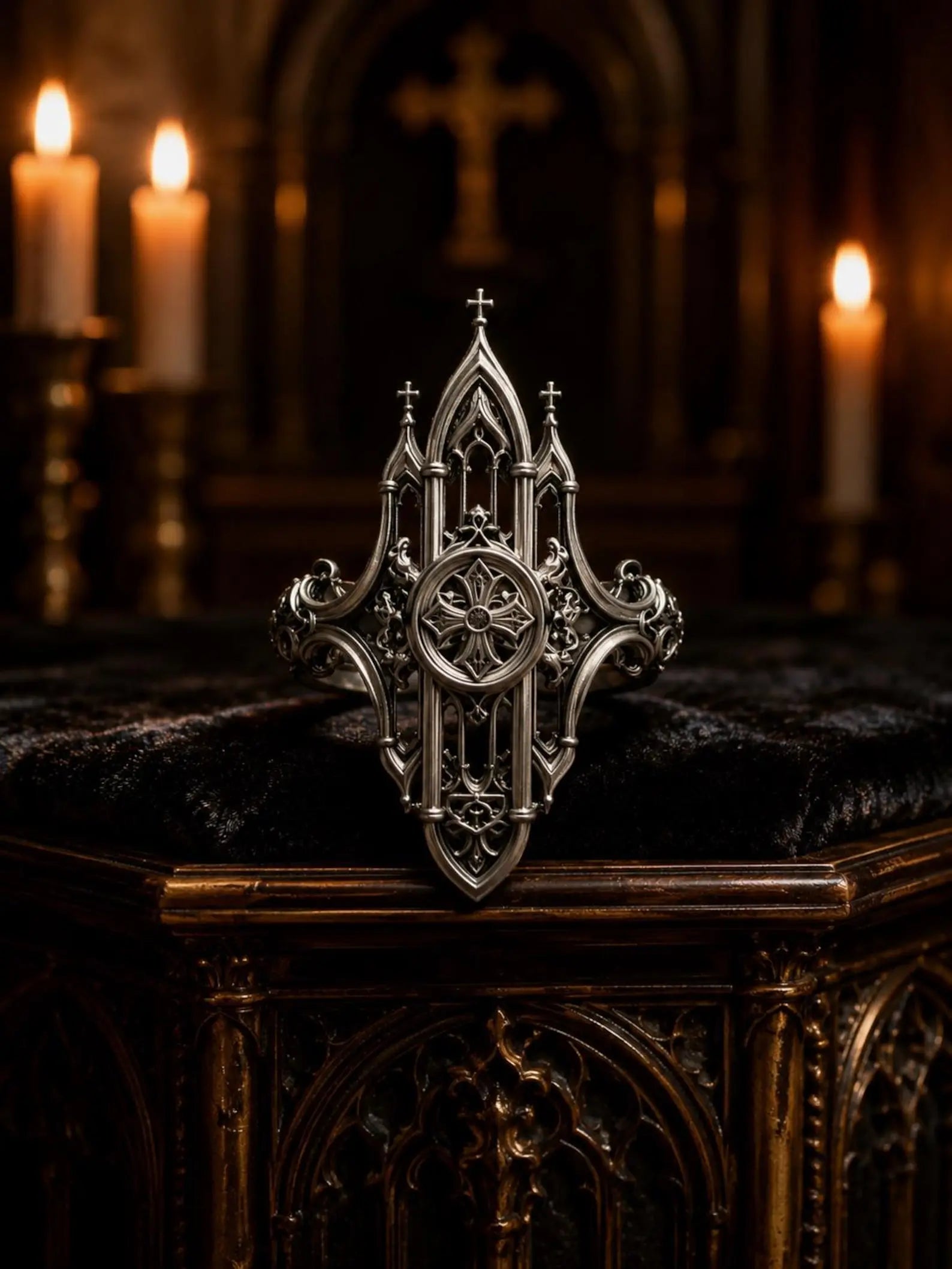 Gothic 925 sterling silver mirrored cathedral spire ring — symmetrical lancet arch silhouette front view