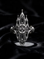 Gothic mirrored spire ring close-up — chiaroscuro hand-oxidized finish, Salisbury Cathedral inspired design