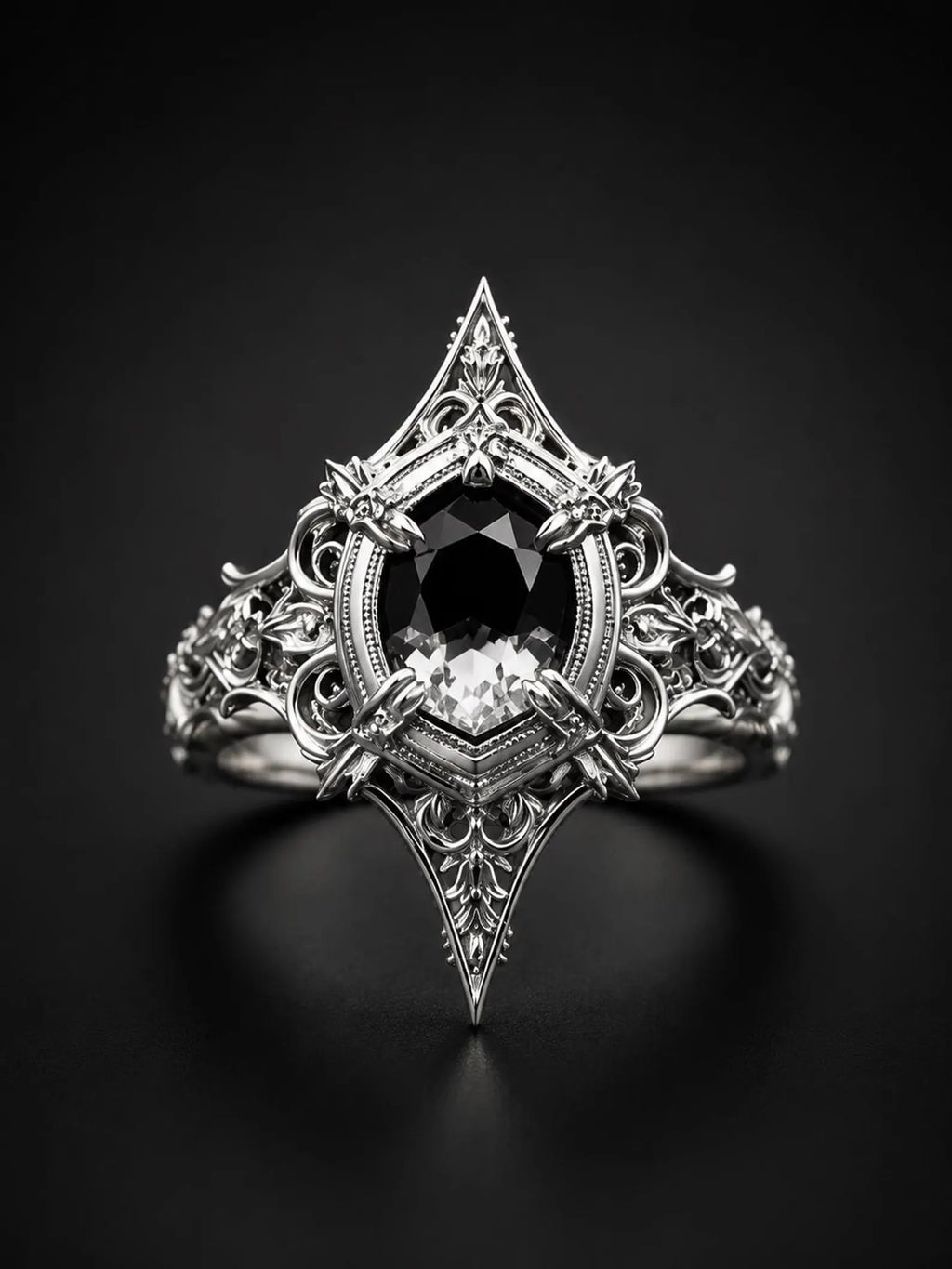 Gothic 925 sterling silver cathedral marquise spire ring with white topaz — pointed V-silhouette front view