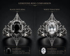 Gothic marquise ring close-up — white topaz or  black onyx alternative wedding ring with intricate scrollwork in 925 silver