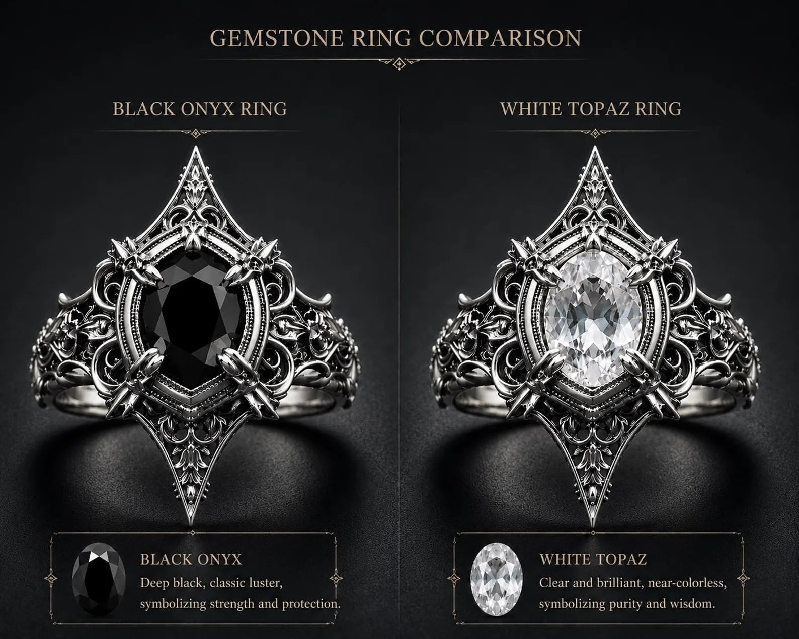 Gothic marquise ring close-up — white topaz or  black onyx alternative wedding ring with intricate scrollwork in 925 silver