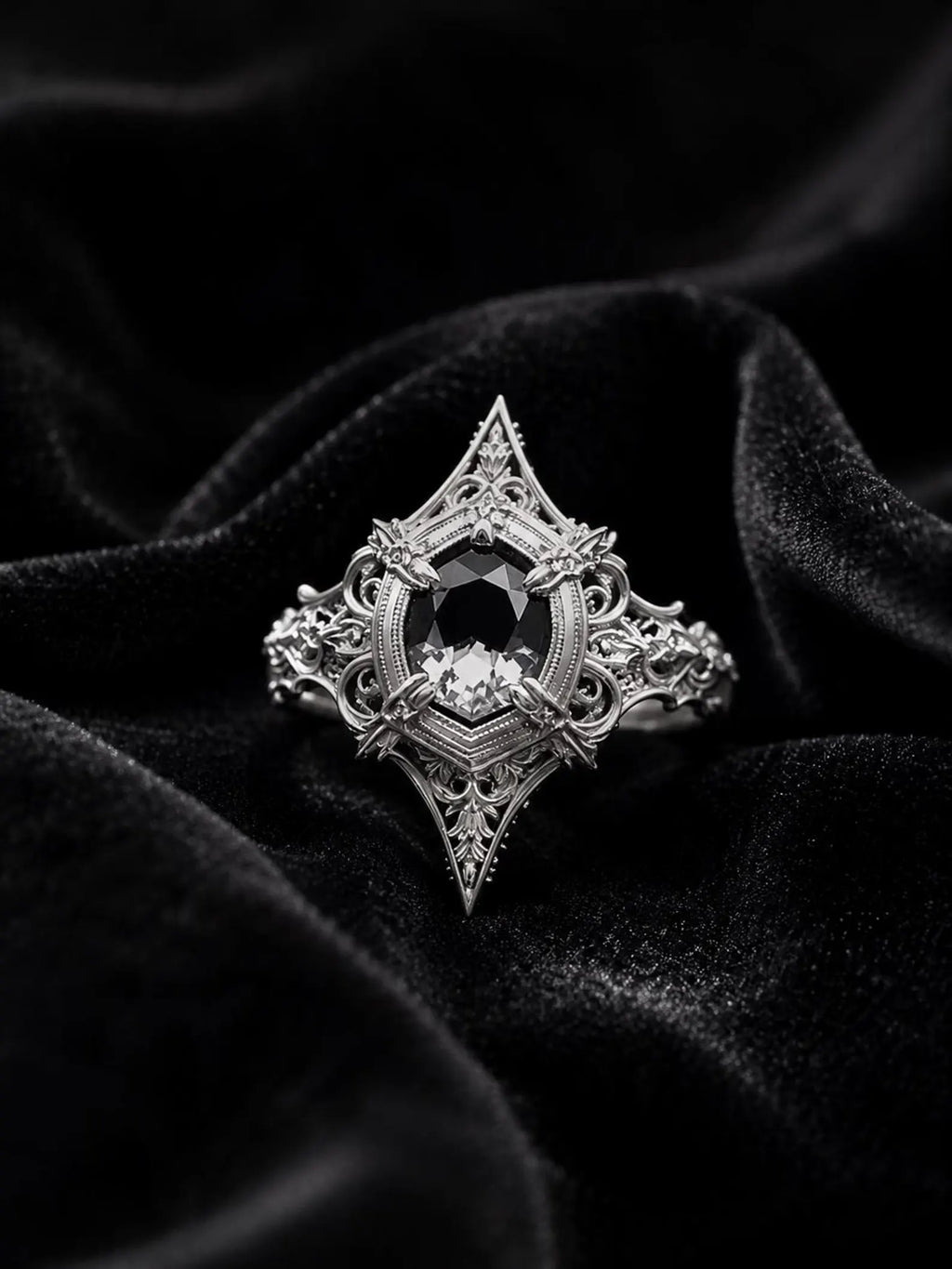 Gothic marquise ring close-up — white topaz alternative wedding ring with intricate scrollwork in 925 silver