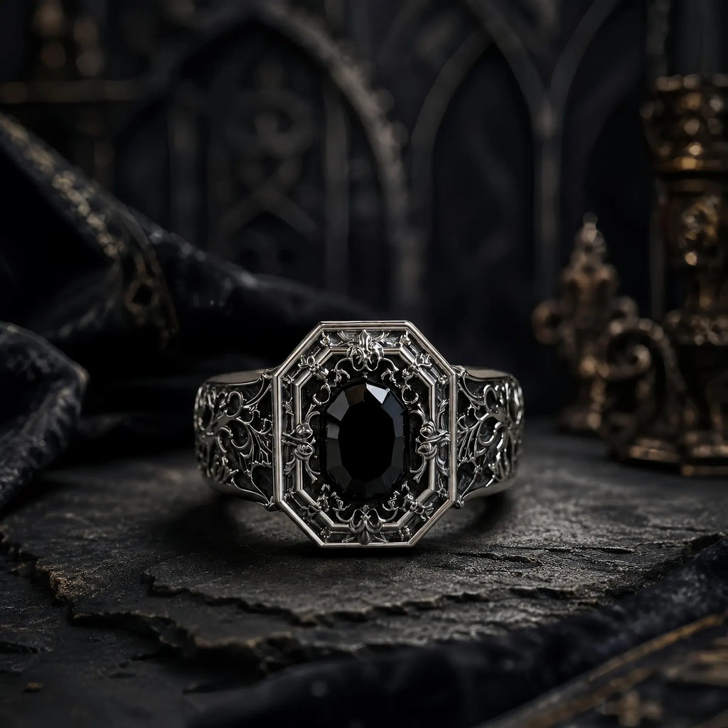 Cathedral Onyx Ring – gothic 925 sterling silver black onyx ring, front view