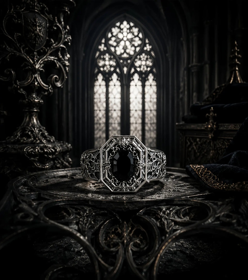 Cathedral Onyx Ring – side profile showing octagonal black onyx and cathedral tracery