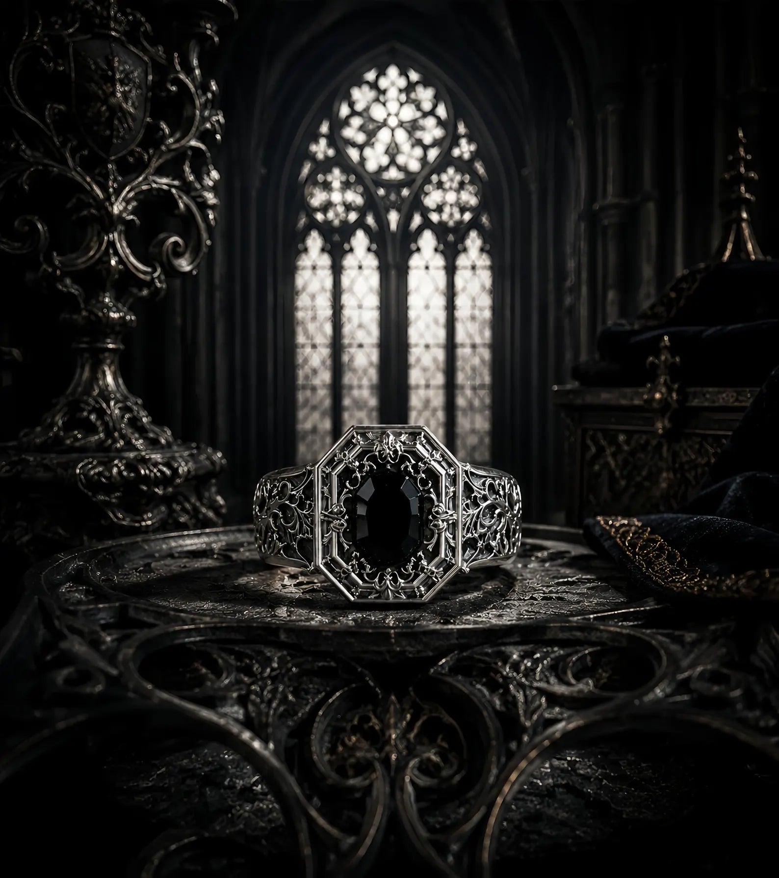 Cathedral Onyx Ring – side profile showing octagonal black onyx and cathedral tracery