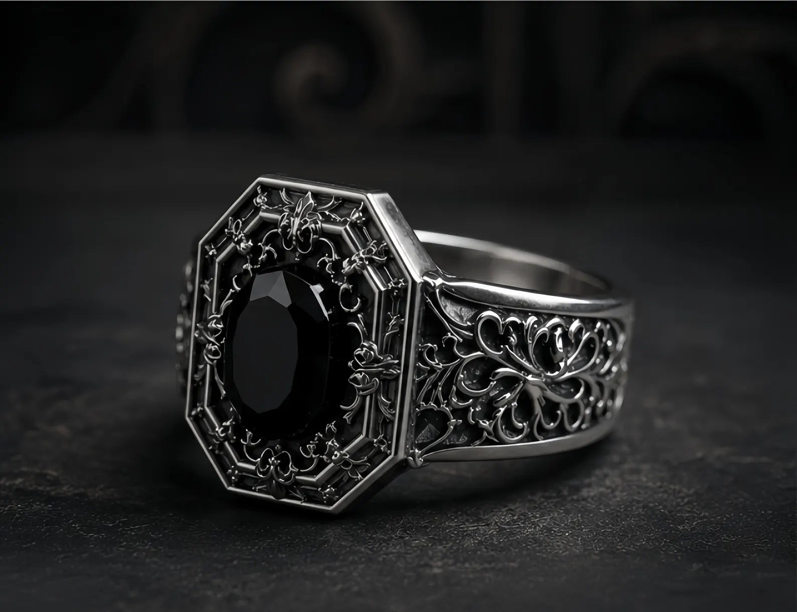 Cathedral Onyx Ring – close-up of fleur-de-lis sigils and acanthus filigree detail