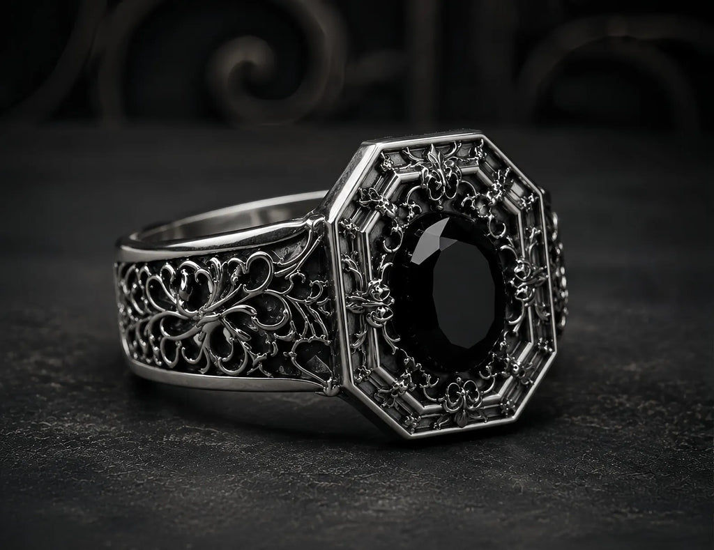 Cathedral Onyx Ring – angled view of hand-oxidized gothic relief and black onyx center