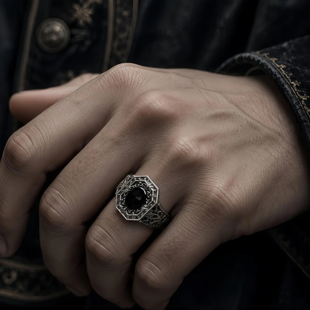 Cathedral Onyx Ring – gothic sterling silver ring on hand, lifestyle photo
