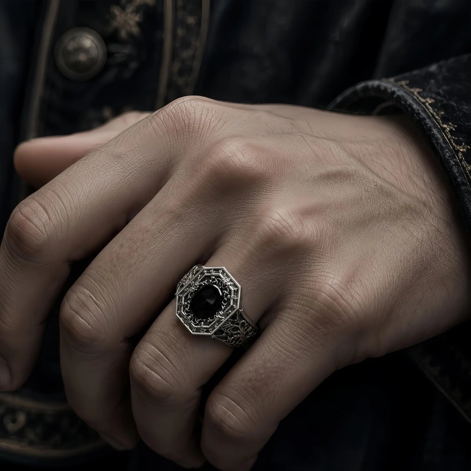 Cathedral Onyx Ring – gothic sterling silver ring on hand, lifestyle photo