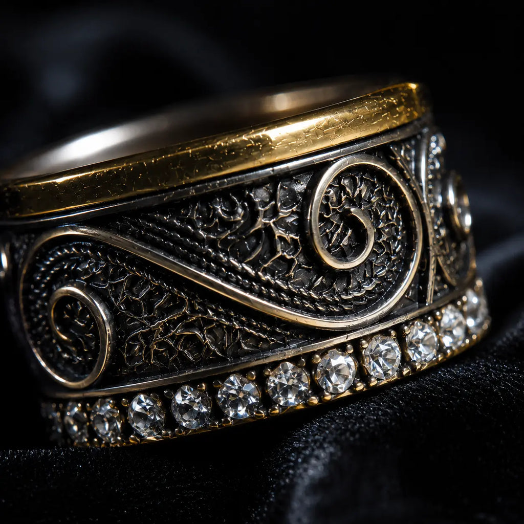 Filigree Pavé Ring close-up, hand-wired filigree scrollwork and pavé stone row