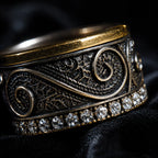 Filigree Pavé Ring close-up, hand-wired filigree scrollwork and pavé stone row