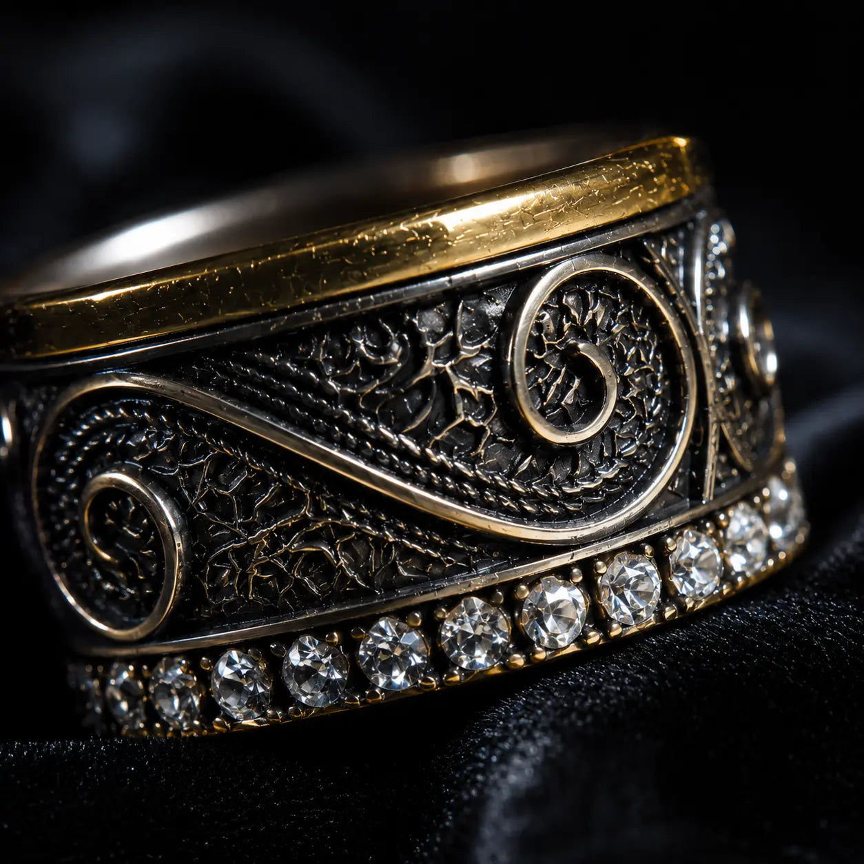 Filigree Pavé Ring close-up, hand-wired filigree scrollwork and pavé stone row