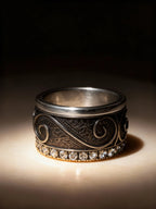 Filigree Pavé Ring front view, layered patina filigree with pavé accent row