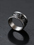 Filigree Pavé Ring angled detail, oxidized silver filigree and gold-rimmed pavé band