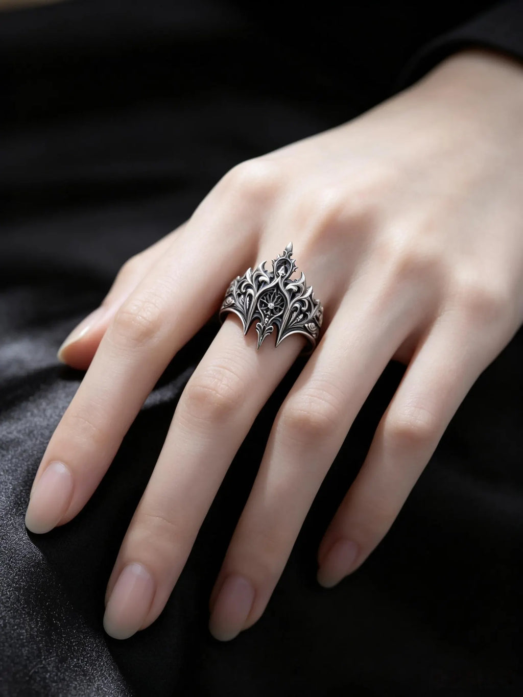 Side profile of the Elven Crown Ring showing tapered spires and moissanite