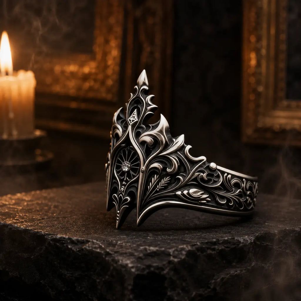 Elven Crown Ring side angle with candlelight highlighting the oxidized silver detail