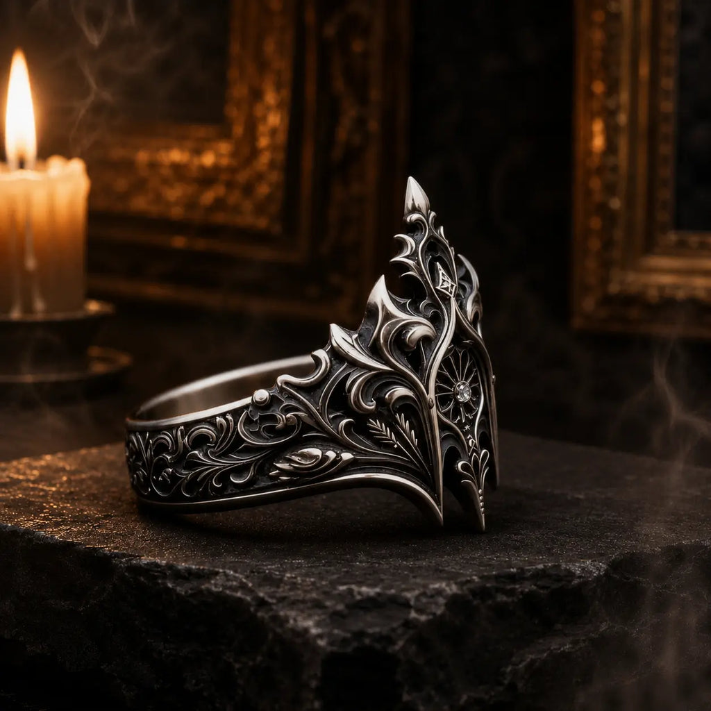 Close-up of the Elven Crown Ring's center rosette and moissanite stone