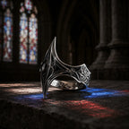 Elven Tear Ring side profile showing the kite-shaped filigree spire and tapered shank