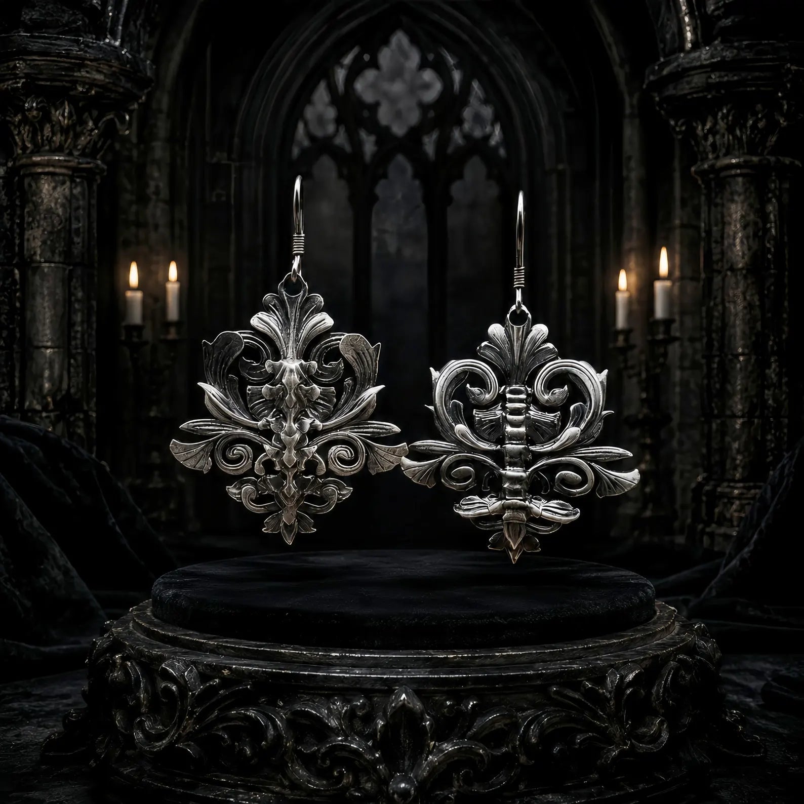 Iris & Spine mismatched gothic dangle earrings, oxidized sterling silver, displayed together on dark stone