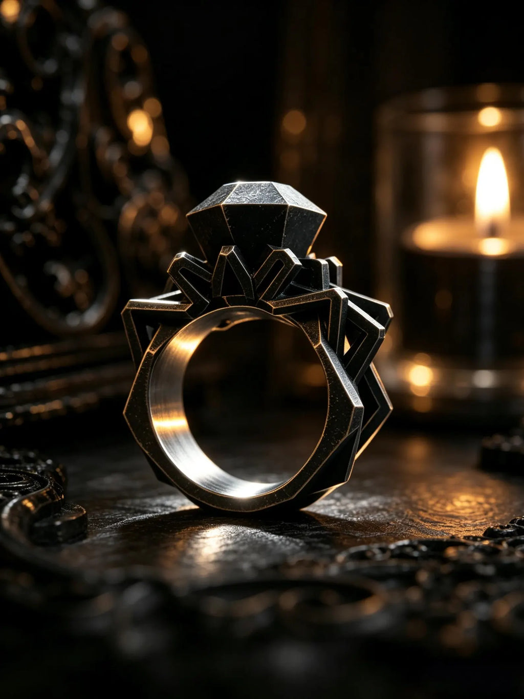 Architectural brutalist metal solitaire ring in hand-oxidized 925 sterling silver