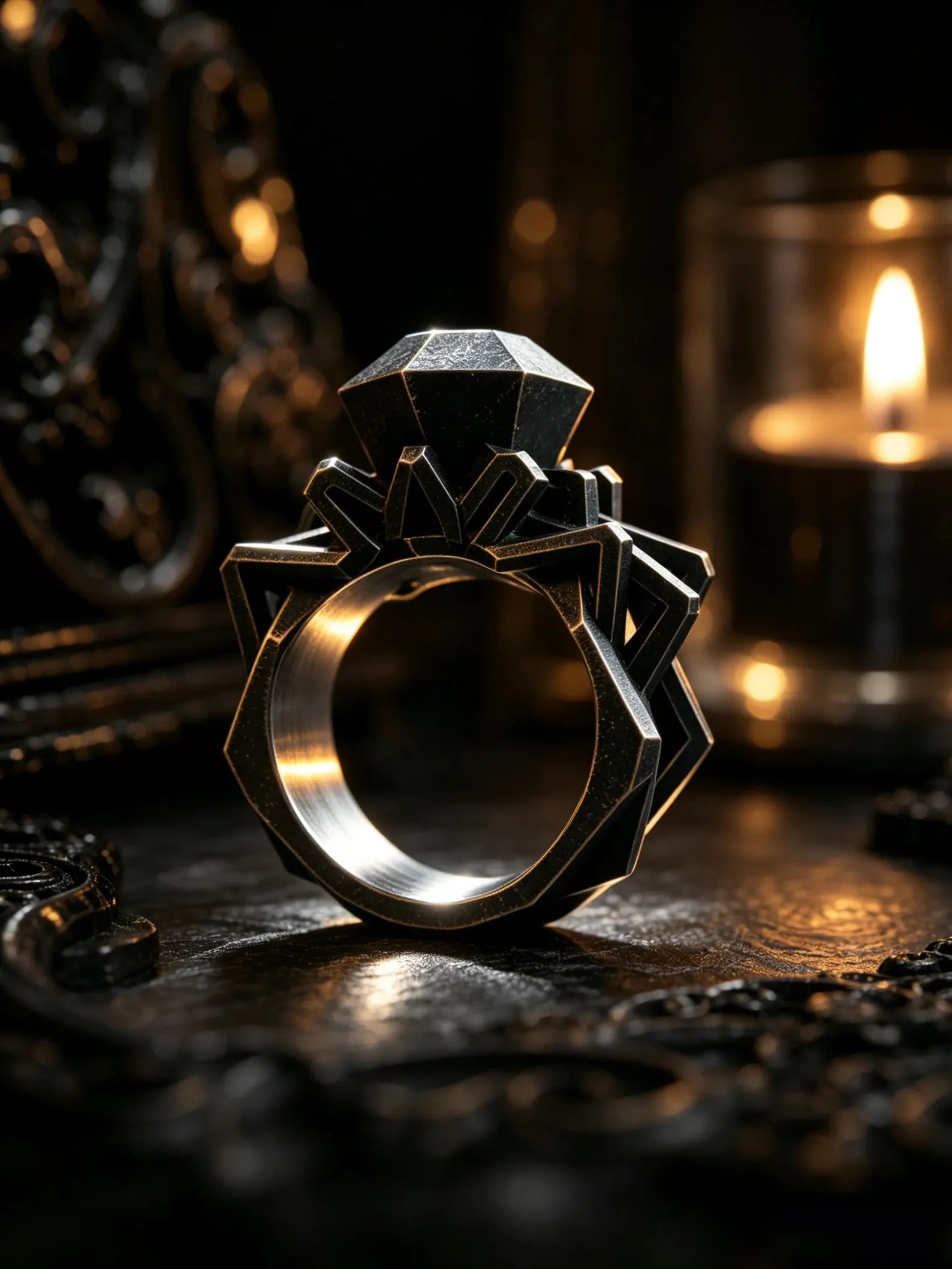 Architectural brutalist metal solitaire ring in hand-oxidized 925 sterling silver