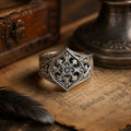 Gothic Baroque Rosette Ring – 925 sterling silver floral cross relief ring, front view