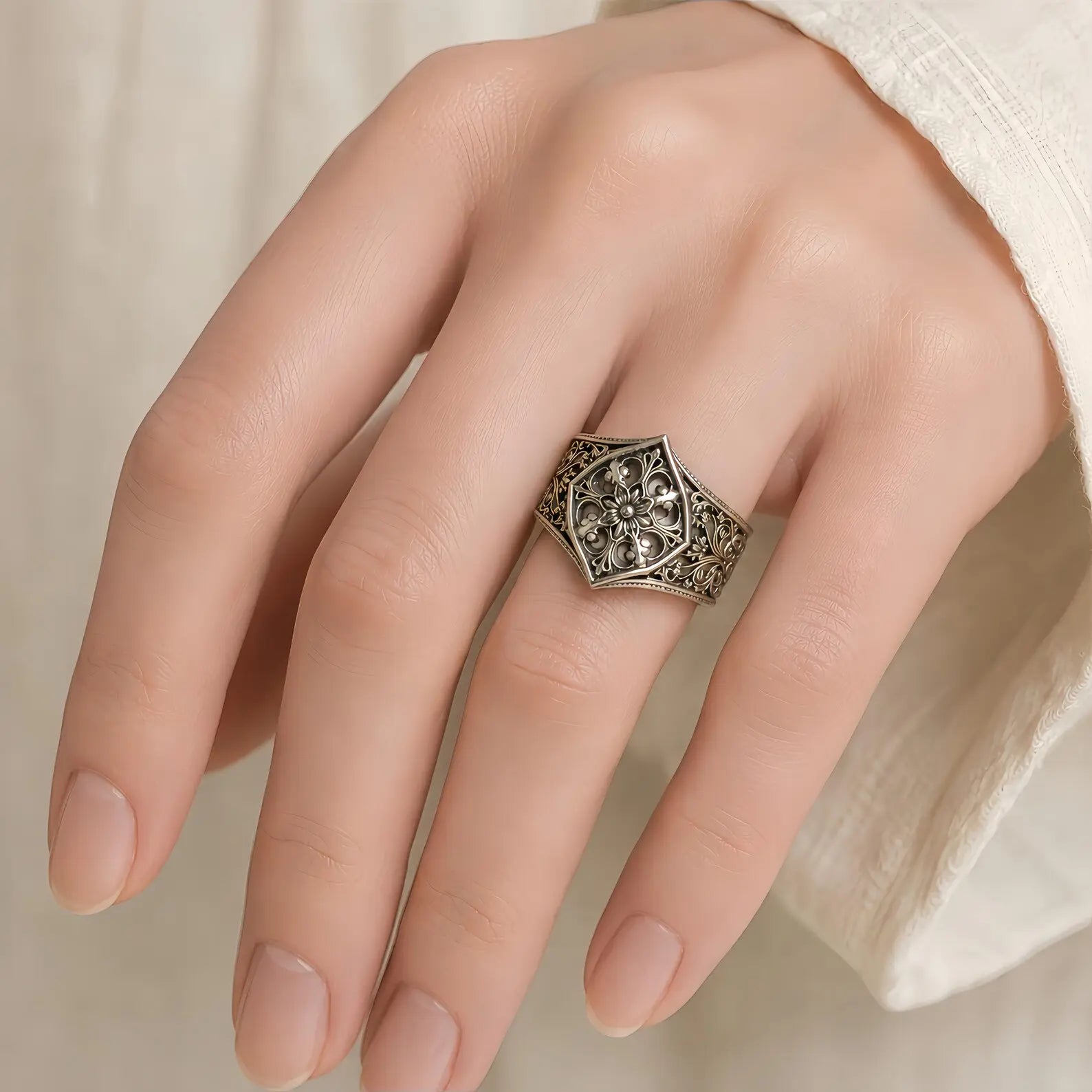 Gothic Baroque Rosette Ring – gothic sterling silver statement ring on hand