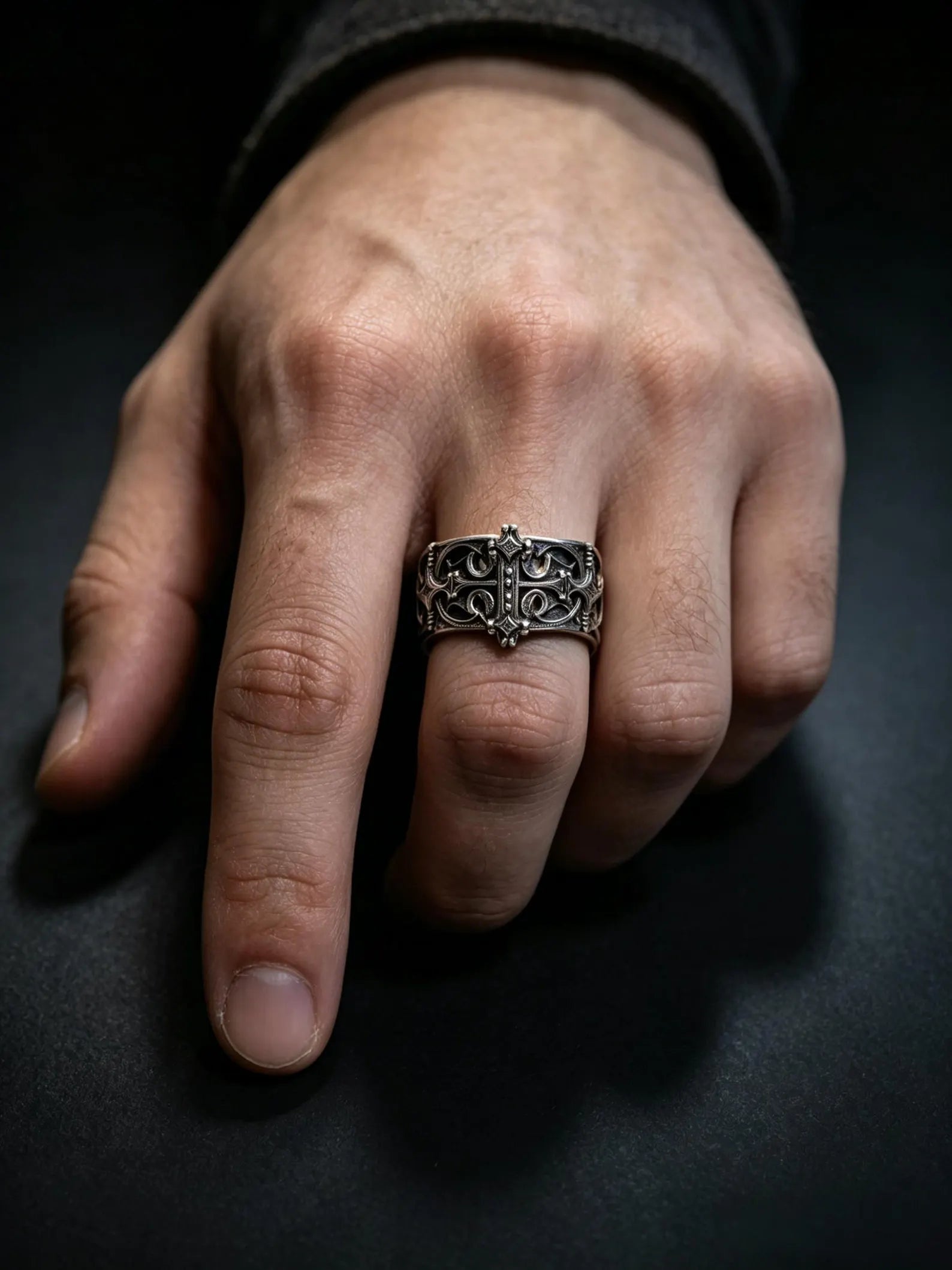 Sanctum Tracery Ring worn on hand, chunky Gothic thumb ring
