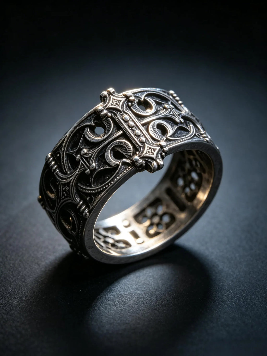 Sanctum Tracery Ring worn on hand, wide oxidized silver alternative wedding band