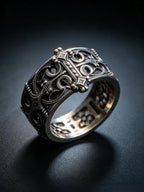 Sanctum Tracery Ring worn on hand, wide oxidized silver alternative wedding band