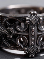 Sanctum Tracery Ring close-up, cruciform centerpiece and pierced tracery detail