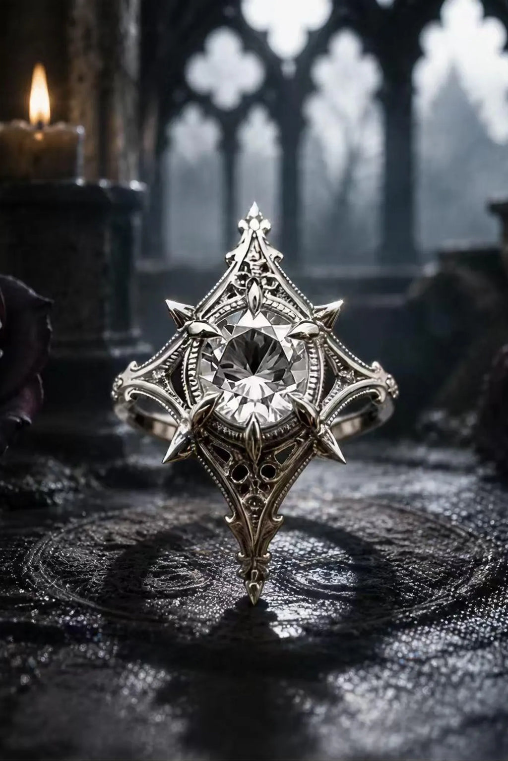 Midnight Star Neo-Gothic ring with moissanite center stone standing on a dark cathedral floor beside a lit candle