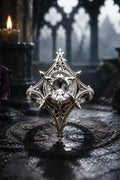 Midnight Star Neo-Gothic ring with moissanite center stone standing on a dark cathedral floor beside a lit candle
