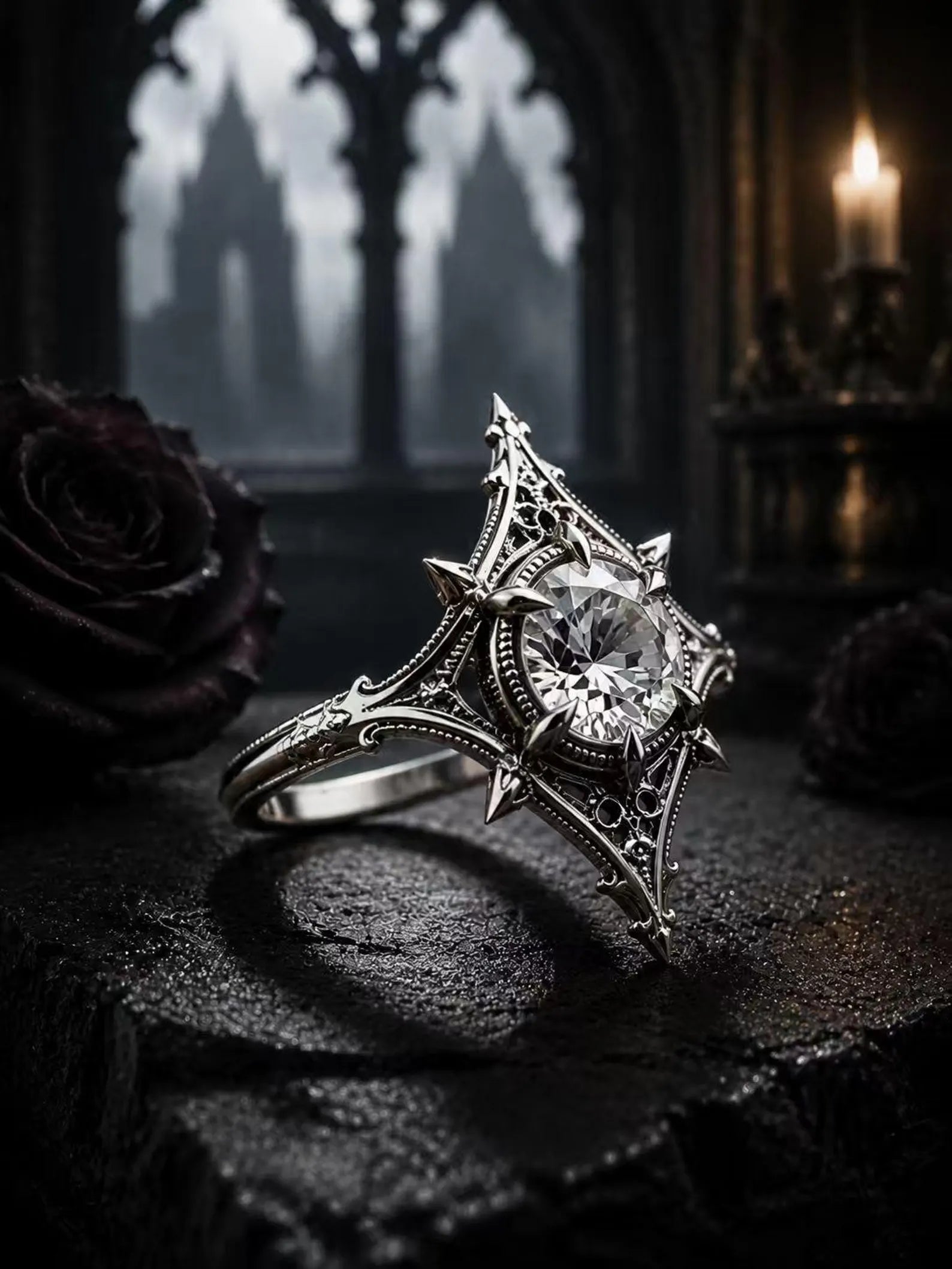 Side angle of Midnight Star Neo-Gothic ring with moissanite stone beside a dark rose and cathedral window